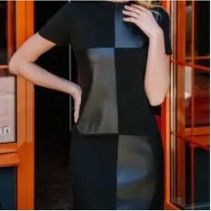 Contrast leather crew dress black, little black dress,